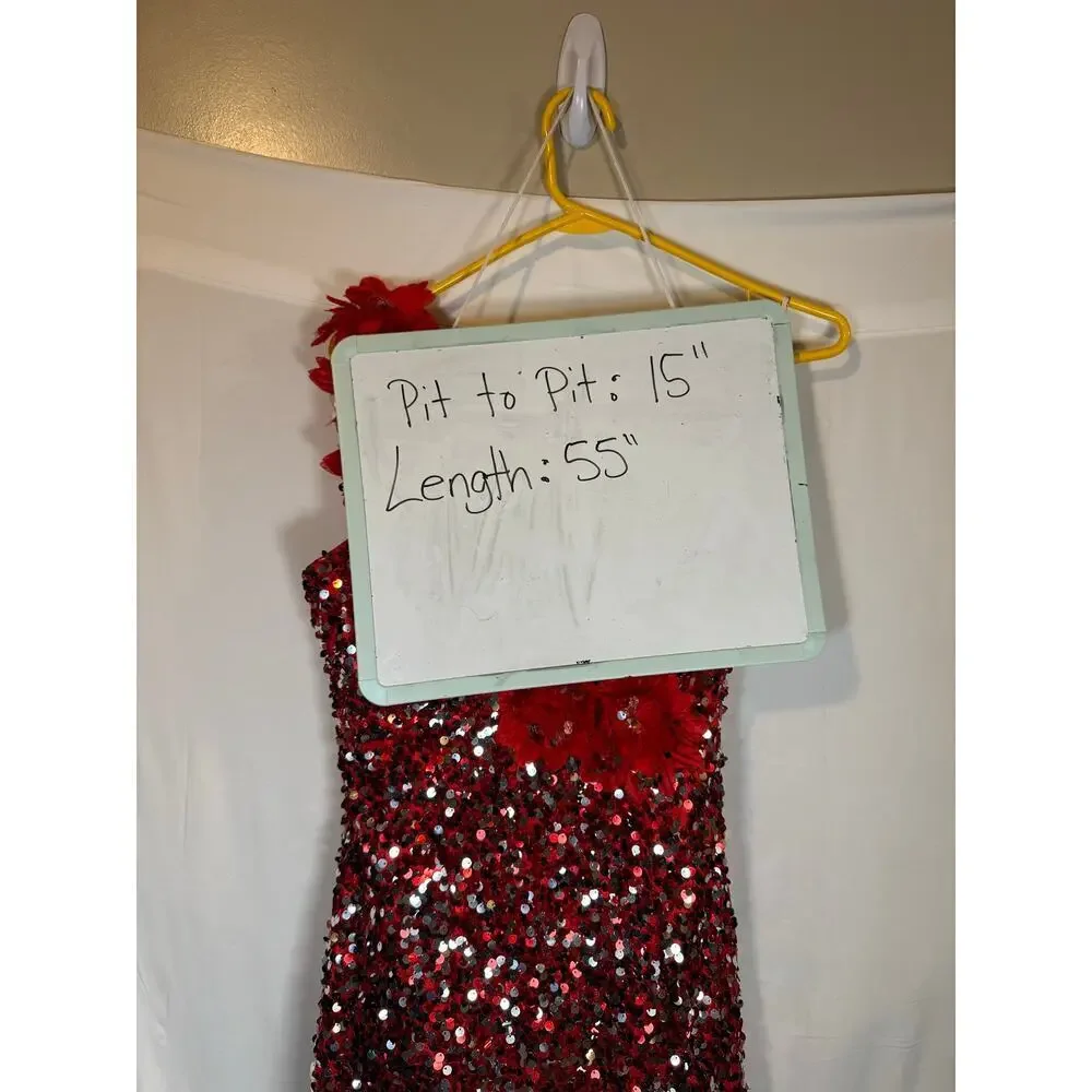 Tiffany Designs 4 Dress Sequin Red One Shoulder Dramatic Mermaid Floral Gown - Picture 7 of 8